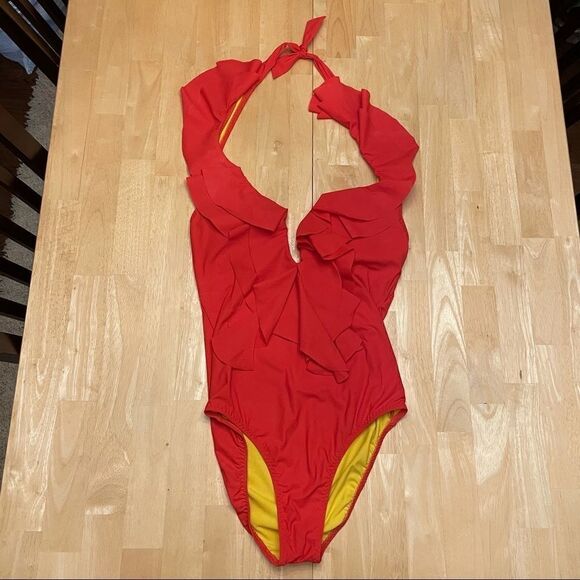 Red Carter Rainbow Brights Ruffle Halter Swimsuit - Picture 1 of 8